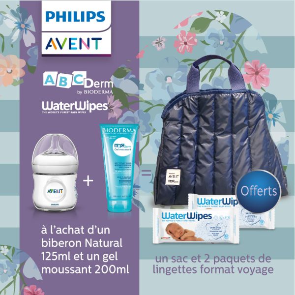 Avent Biberon natural 125ml + Abcderm Gel Moussant 200ml = 1 Sac+ 2 Packets de Lingettes Format de Voyage Offert