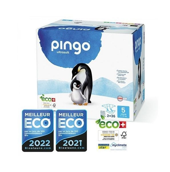 PINGO COUCHES ÉCOLOGIQUES JETABLES JUNIOR JUMBO TAILLE 5 (11-25KG) 2X36 COUCHES