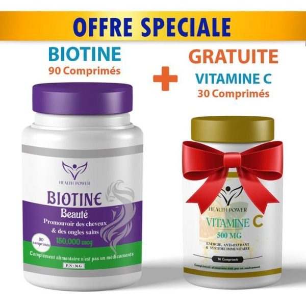HEALTH POWER BIOTINE Beauté 90 Comprimés + Vitamine C 30 Comprimés OFFERT