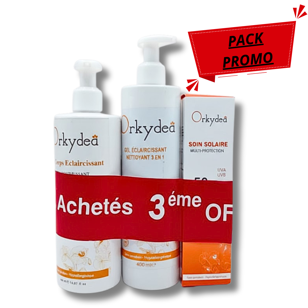 Orkydea-duo-pack-Lait-corps-Eclaircecran-solaireGel-nett-Eclairc- Orkydea Lait Corps Eclaircissant+Ecran Solaire+Gel Nettoyent Eclaircissant Pack – Image 1