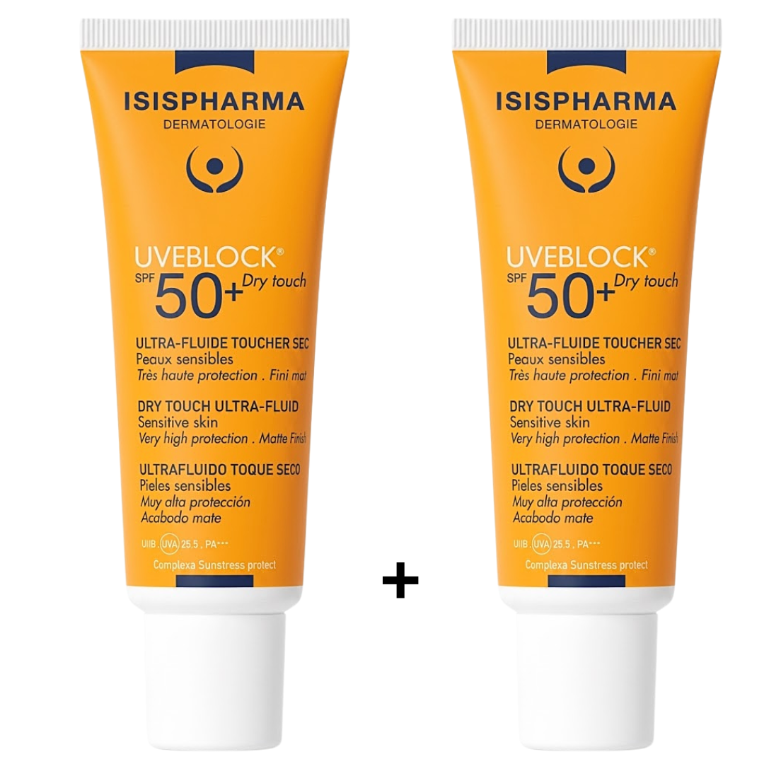 Isis-Uveblock-Dry-touch-Ultra-fluide-spf50-240ml-pack Isispharma Uveblock Dry touch Ultra-Fluide Spf50 2 x 40ml Pack – Image 1