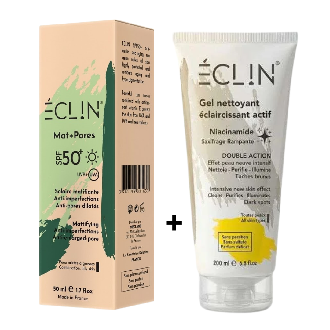 Eclin-Pack-Ecran-Solaire-MatPores-Spf50-Gel-Nettoyant-50ml Eclin Ecran Solaire Matifiante+Pores Spf50 + Gel Nettoyant 50ml Pack – Image 1